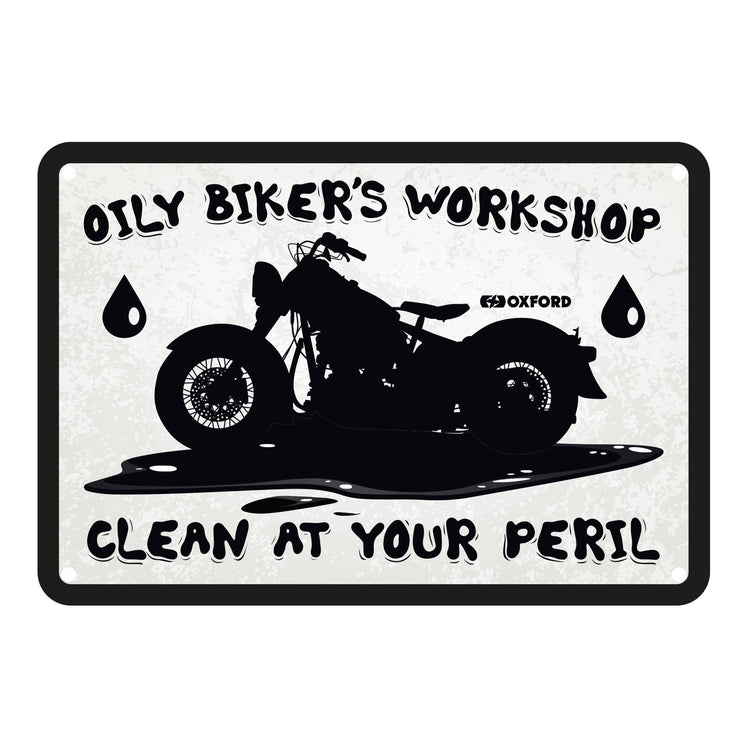Oxford Garage Metal Sign: Oily Biker's Workshop